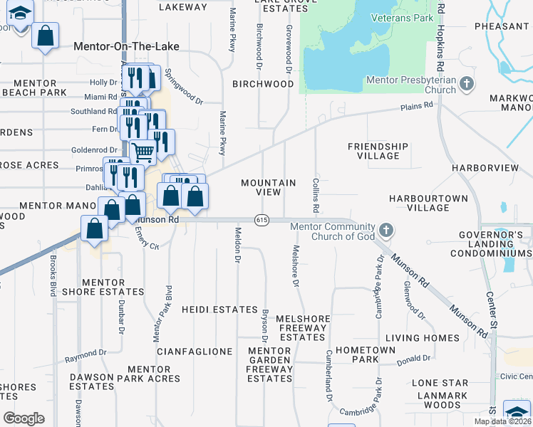 map of restaurants, bars, coffee shops, grocery stores, and more near 6069 Hyde Street in Mentor