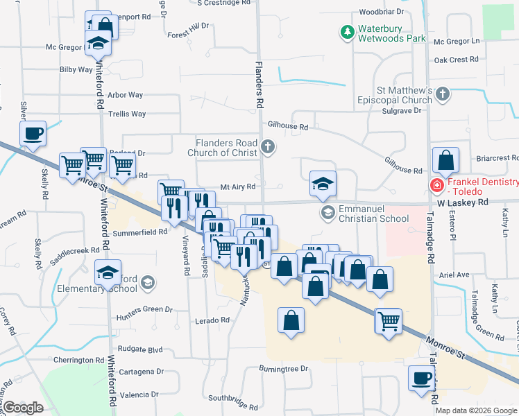 map of restaurants, bars, coffee shops, grocery stores, and more near 4655 Mallory Court in Toledo