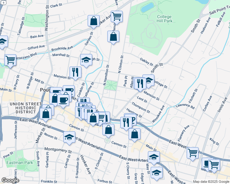 map of restaurants, bars, coffee shops, grocery stores, and more near 182 Mansion Street in Poughkeepsie