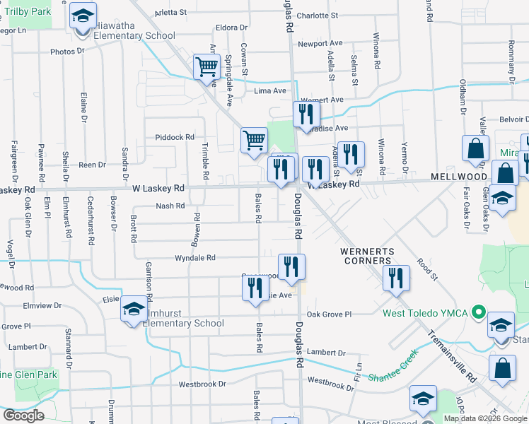 map of restaurants, bars, coffee shops, grocery stores, and more near 4937 Roywood Road in Toledo
