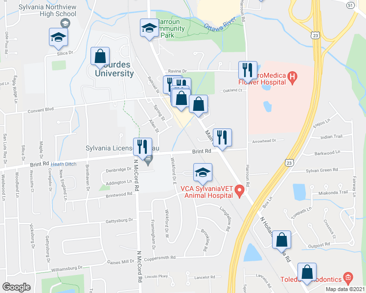 map of restaurants, bars, coffee shops, grocery stores, and more near 6530 Brint Road in Sylvania