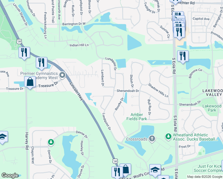 map of restaurants, bars, coffee shops, grocery stores, and more near 2604 Lambert Drive in Aurora