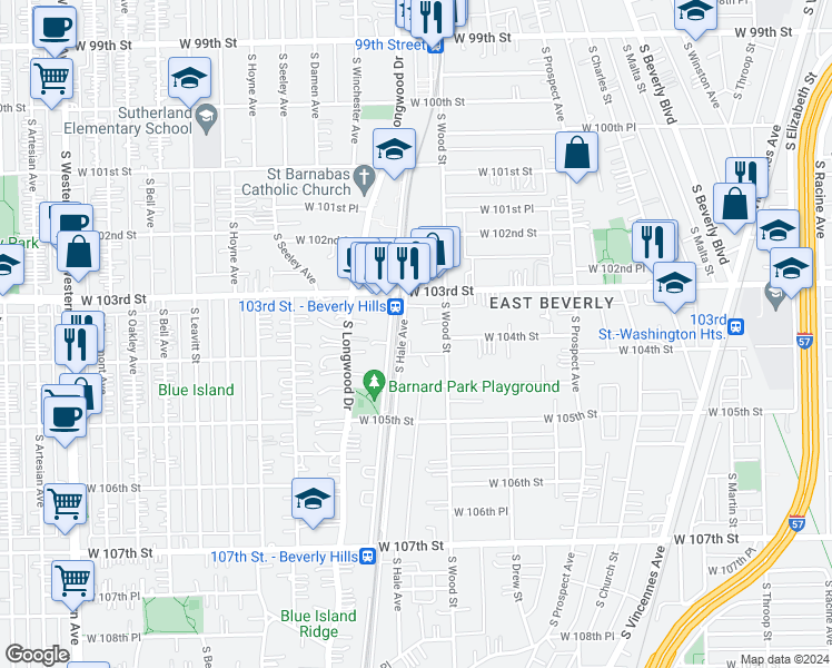 map of restaurants, bars, coffee shops, grocery stores, and more near 10339 South Hale Avenue in Chicago