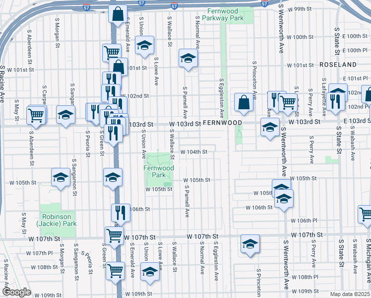 map of restaurants, bars, coffee shops, grocery stores, and more near 530 West 104th Street in Chicago