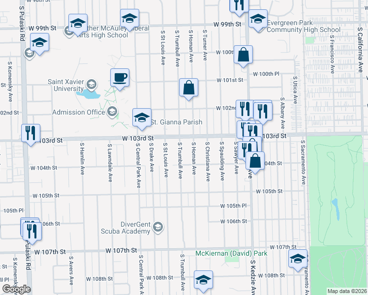 map of restaurants, bars, coffee shops, grocery stores, and more near 10300 South Homan Avenue in Chicago