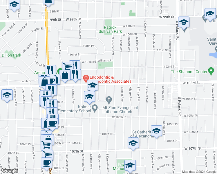 map of restaurants, bars, coffee shops, grocery stores, and more near 4421 West 103rd Street in Oak Lawn