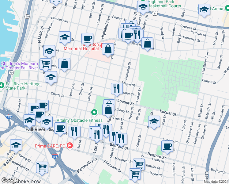 map of restaurants, bars, coffee shops, grocery stores, and more near 426 Robeson Street in Fall River