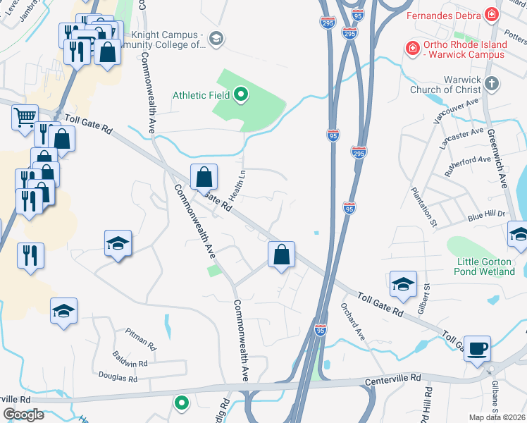 map of restaurants, bars, coffee shops, grocery stores, and more near 455 Toll Gate Road in Warwick