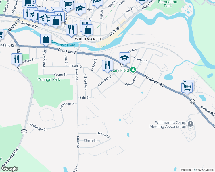 map of restaurants, bars, coffee shops, grocery stores, and more near 119 Quercus Avenue in Windham