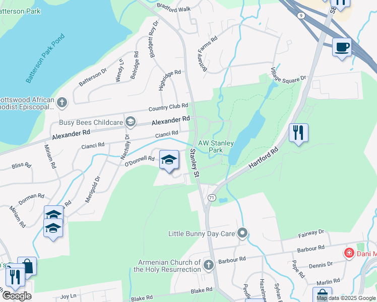 map of restaurants, bars, coffee shops, grocery stores, and more near 23 Huber Street in New Britain
