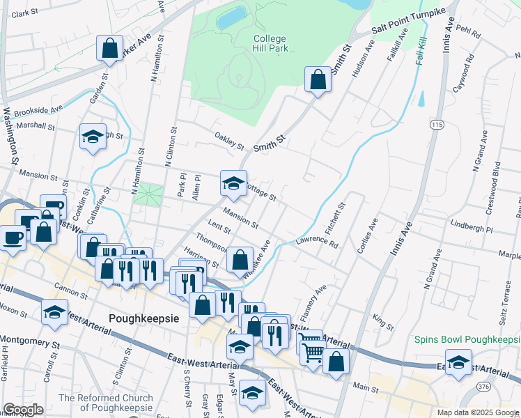 map of restaurants, bars, coffee shops, grocery stores, and more near 187 Cottage Street in Poughkeepsie