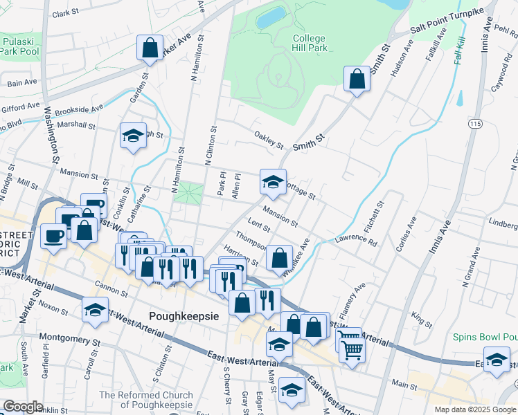 map of restaurants, bars, coffee shops, grocery stores, and more near 253 Mansion Street in Poughkeepsie