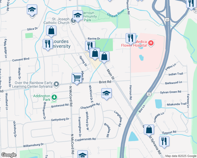 map of restaurants, bars, coffee shops, grocery stores, and more near 6530 Brint Road in Sylvania