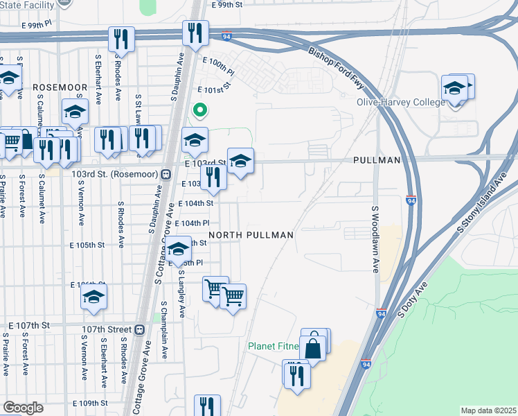 map of restaurants, bars, coffee shops, grocery stores, and more near 10402 South Maryland Avenue in Chicago
