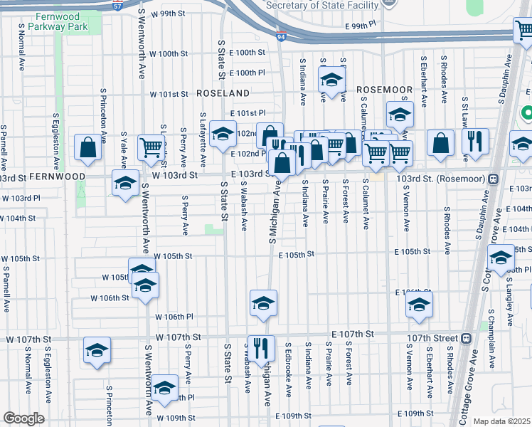 map of restaurants, bars, coffee shops, grocery stores, and more near 59 East 103rd Place in Chicago