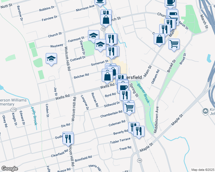 map of restaurants, bars, coffee shops, grocery stores, and more near 61 Wells Road in Wethersfield
