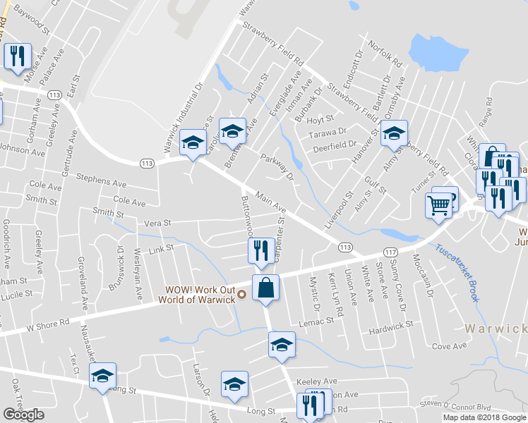 map of restaurants, bars, coffee shops, grocery stores, and more near 23 Vera Street in Warwick