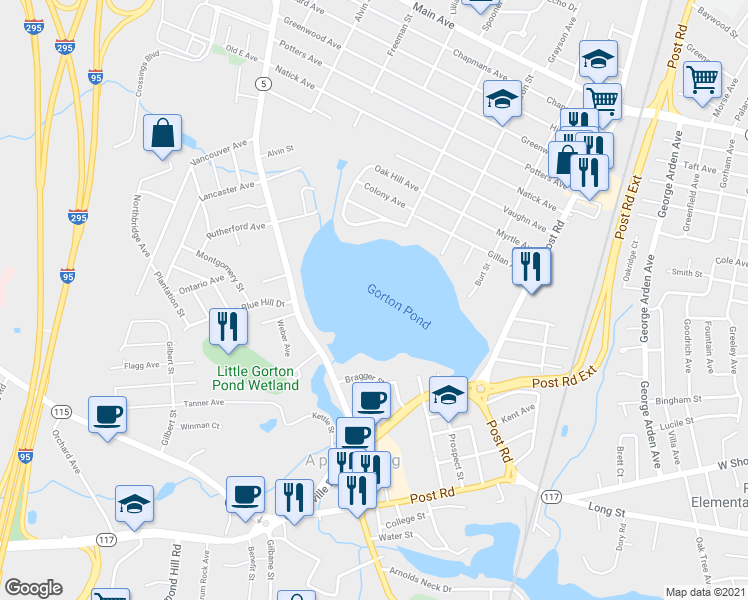 map of restaurants, bars, coffee shops, grocery stores, and more near 285 Gorton Lake Boulevard in Warwick
