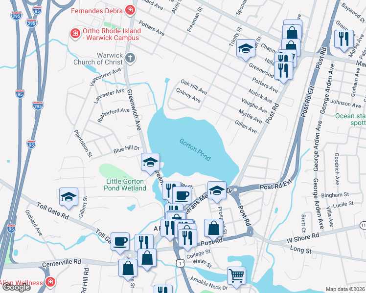 map of restaurants, bars, coffee shops, grocery stores, and more near in Warwick