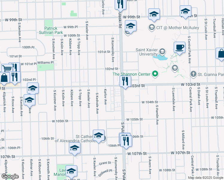 map of restaurants, bars, coffee shops, grocery stores, and more near 10304 South Komensky Avenue in Oak Lawn