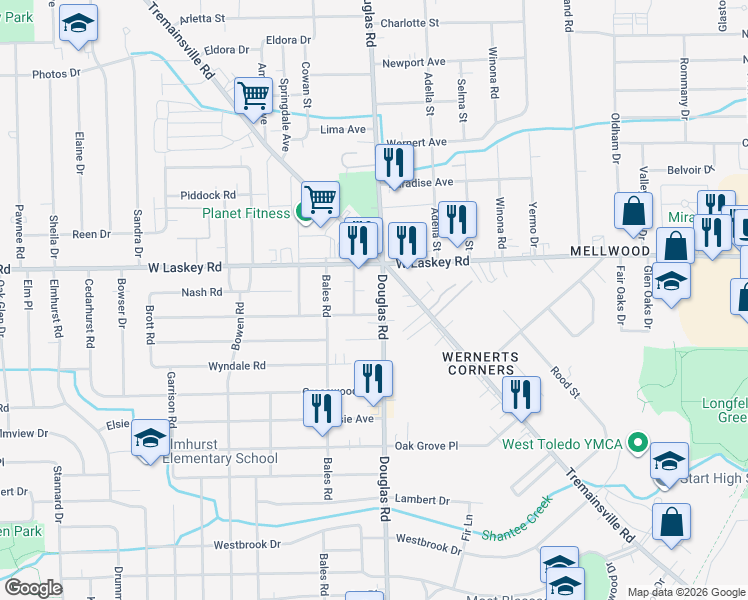 map of restaurants, bars, coffee shops, grocery stores, and more near 4936 Douglas Road in Toledo