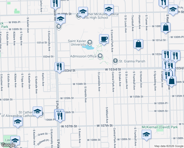 map of restaurants, bars, coffee shops, grocery stores, and more near 6739 South Ridgeway Avenue in Chicago