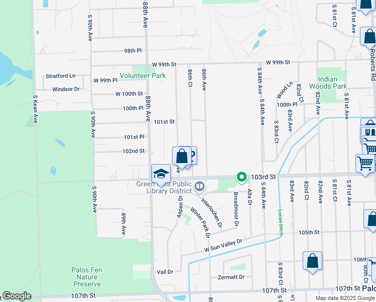 map of restaurants, bars, coffee shops, grocery stores, and more near 10200 86th Court in Palos Hills