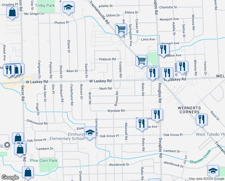 map of restaurants, bars, coffee shops, grocery stores, and more near 2832 Nash Road in Toledo