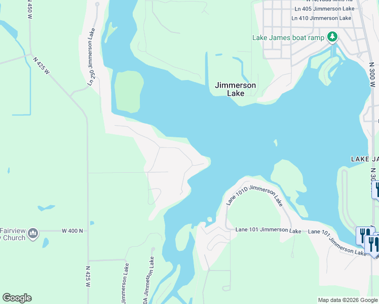map of restaurants, bars, coffee shops, grocery stores, and more near 315 Lane 205 Jimmerson Lake in Angola