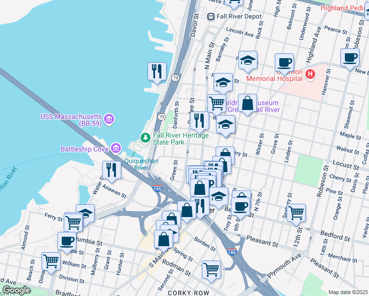 map of restaurants, bars, coffee shops, grocery stores, and more near 94 Cherry Street in Fall River