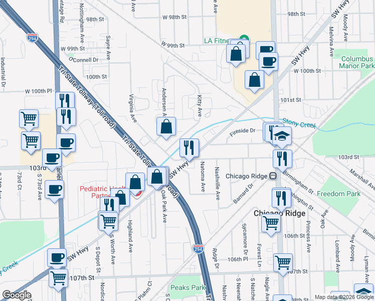 map of restaurants, bars, coffee shops, grocery stores, and more near 10268 Southwest Highway in Chicago Ridge