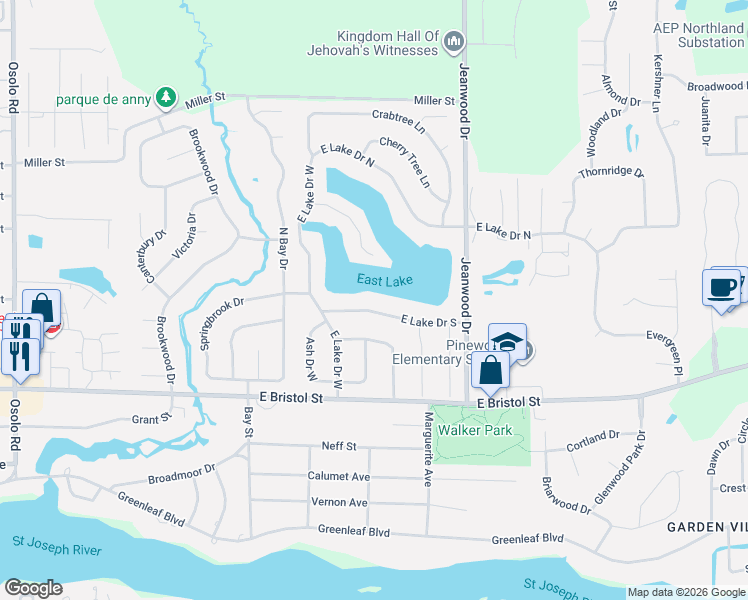 map of restaurants, bars, coffee shops, grocery stores, and more near 3010 Eastland Dr in Elkhart