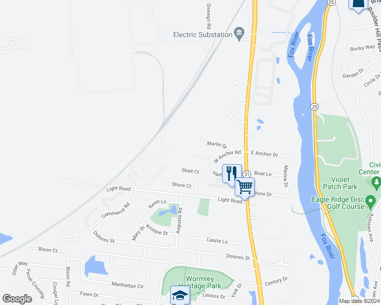 map of restaurants, bars, coffee shops, grocery stores, and more near 16 Dolphin Court in Oswego