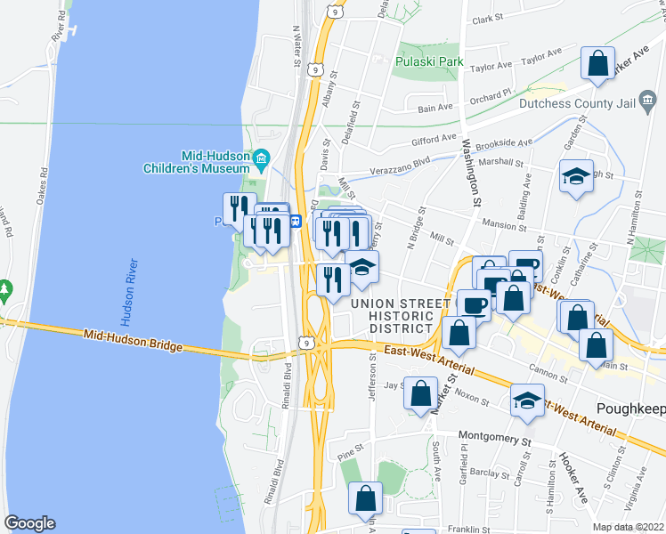 map of restaurants, bars, coffee shops, grocery stores, and more near 96 Main Street in Poughkeepsie