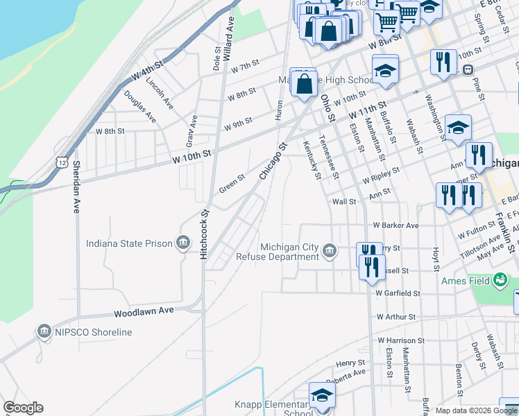 map of restaurants, bars, coffee shops, grocery stores, and more near 100-198 Ford Street in Michigan City