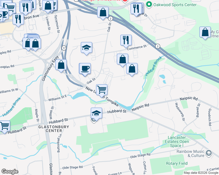 map of restaurants, bars, coffee shops, grocery stores, and more near Flanagan Drive in Glastonbury