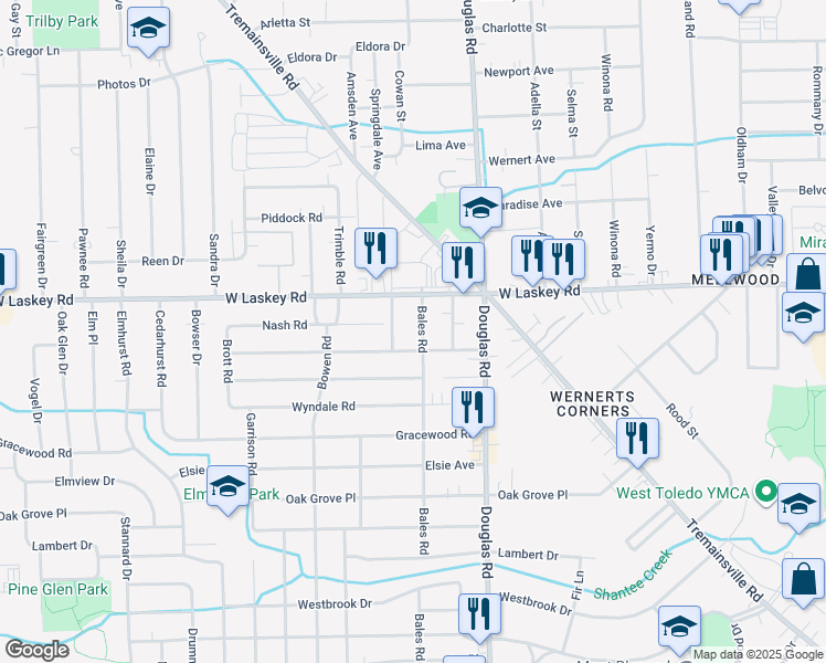 map of restaurants, bars, coffee shops, grocery stores, and more near 4935 Bales Road in Toledo
