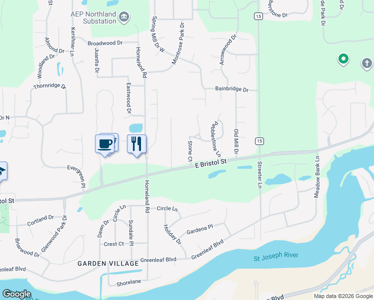 map of restaurants, bars, coffee shops, grocery stores, and more near 1563 Stone Ct in Elkhart