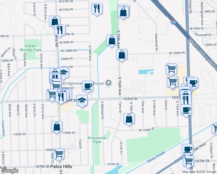 map of restaurants, bars, coffee shops, grocery stores, and more near 10220 South 76th Avenue in Bridgeview