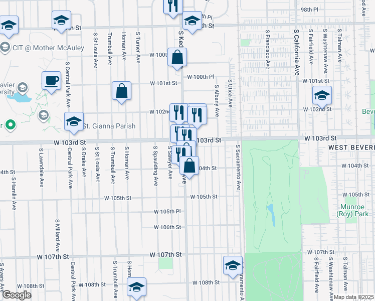 map of restaurants, bars, coffee shops, grocery stores, and more near 3139 West 103rd Street in Chicago