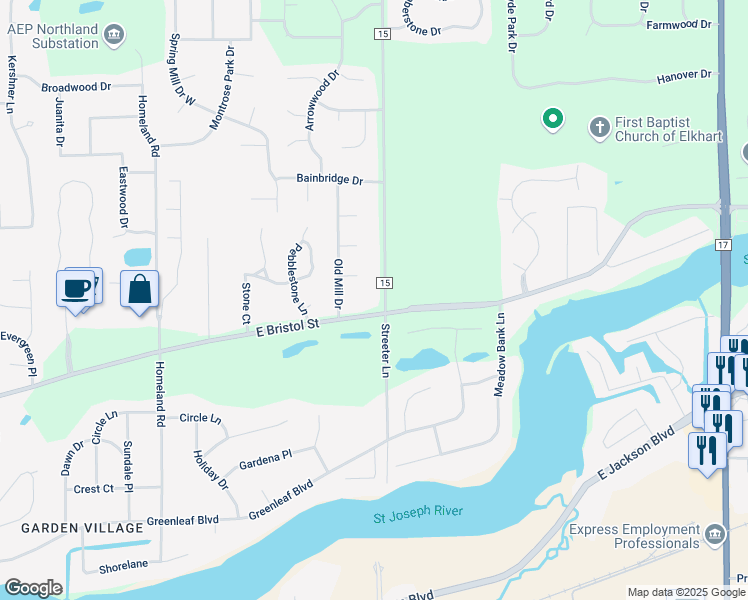 map of restaurants, bars, coffee shops, grocery stores, and more near 54273 County Road 15 in Elkhart