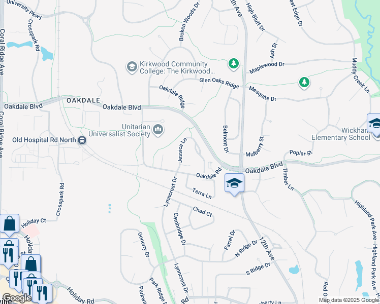 map of restaurants, bars, coffee shops, grocery stores, and more near 2240 Jessica Lane in Coralville