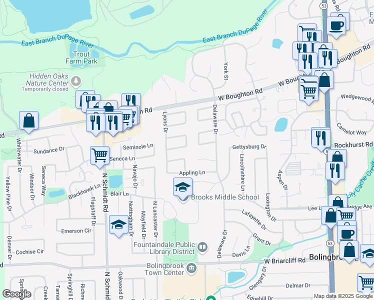 map of restaurants, bars, coffee shops, grocery stores, and more near 339 Gehrig Circle in Bolingbrook