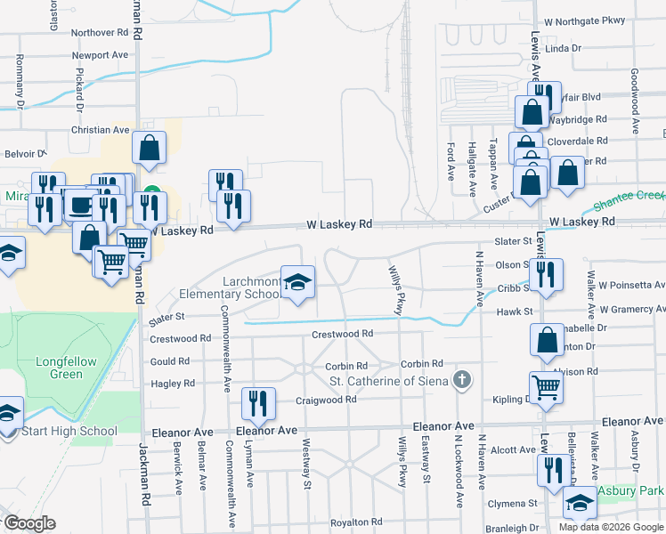 map of restaurants, bars, coffee shops, grocery stores, and more near 4870 Overland Parkway in Toledo