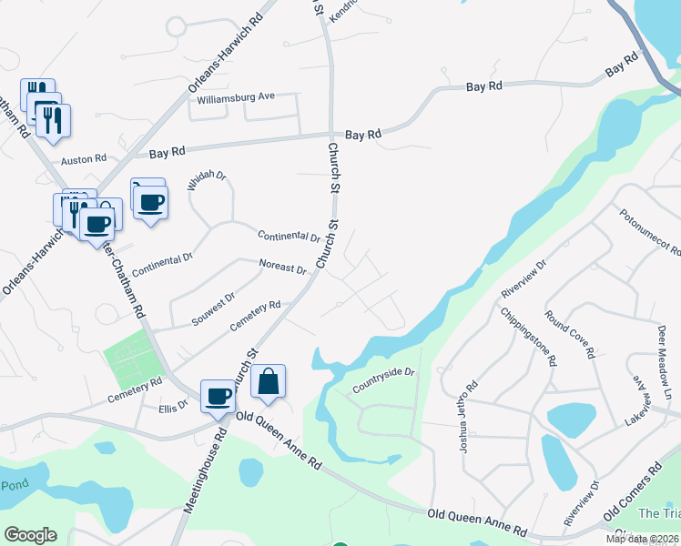 map of restaurants, bars, coffee shops, grocery stores, and more near 12 Deer Meadow Road in Harwich