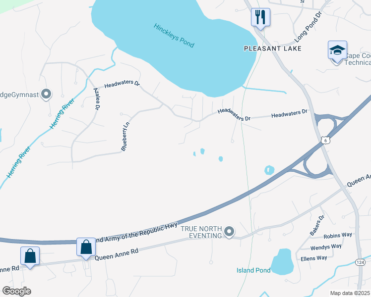 map of restaurants, bars, coffee shops, grocery stores, and more near 127 Headwaters Drive in Harwich