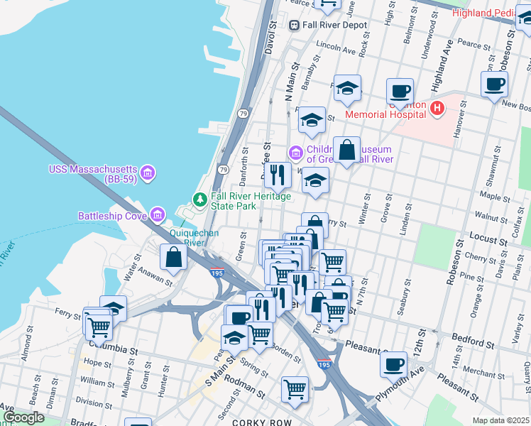 map of restaurants, bars, coffee shops, grocery stores, and more near 190 Cherry Street in Fall River