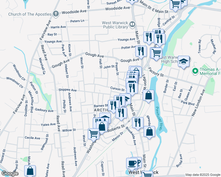 map of restaurants, bars, coffee shops, grocery stores, and more near 2 Kenmore Street in West Warwick