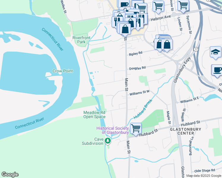 map of restaurants, bars, coffee shops, grocery stores, and more near 60 Willow Green Lane in Glastonbury