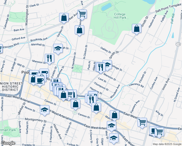 map of restaurants, bars, coffee shops, grocery stores, and more near 223 Mansion Street in Poughkeepsie